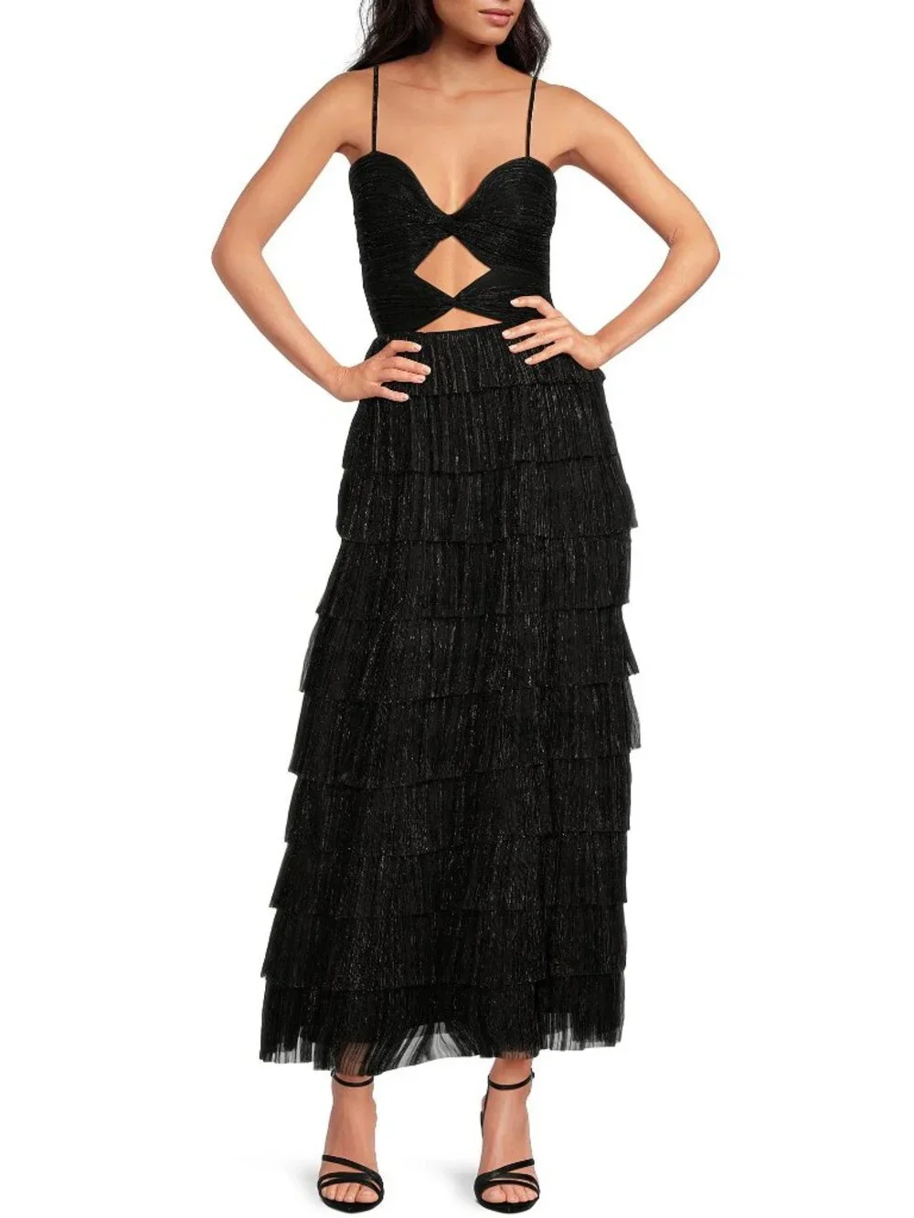 Gianni Bini Grace DRESS Sz 6 Metallic Plisse Sweetheart Neck Cut-Out Tiered NEW - Picture 3 of 11